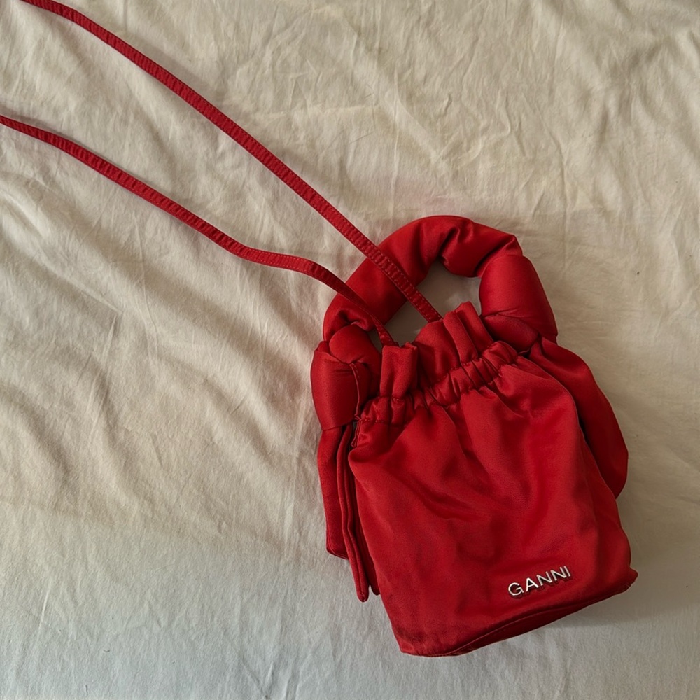 red satin bucket bag
